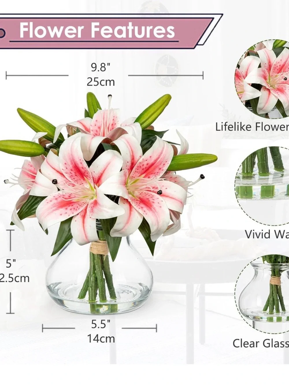 NWT Pink and White Stargazer Lily Arrangement in Glass Vase-Faux Silk Florals